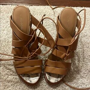 Calvin Klein Tan Strappy Sandals with Block Heel